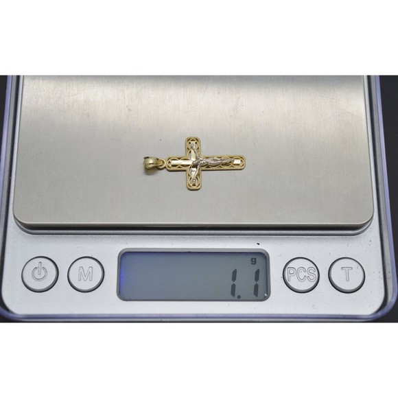 Real 10K Solid Yellow White Gold Diamond Cut Jesus Cross Pendant 1.1grams - Picture 4 of 6